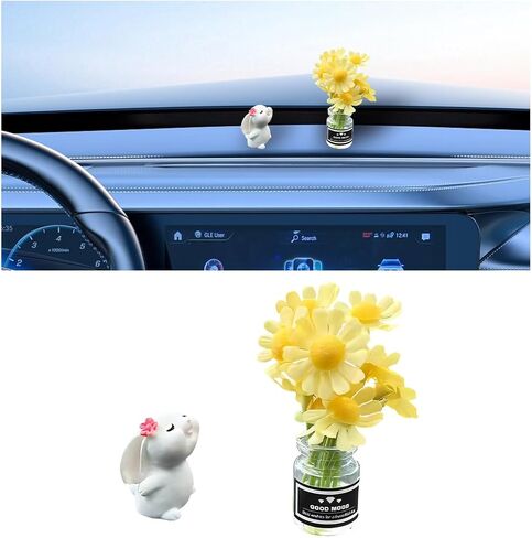 مجموعة من 2 Mini Bunny Daisy Car Rearview Mirror الحلي ، زخارف زهرة مضحكة زهرة مزهرية زخارف مركبة مركبة ، أرنب كاواي إكسسوارات اندفاعة داخلية ، ملائمة عالمية (أصفر) in Kuwait
