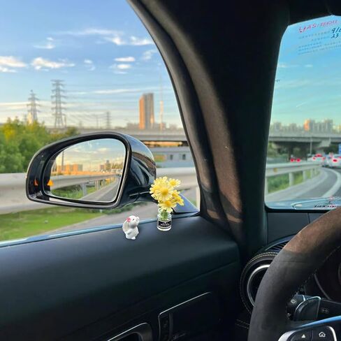 مجموعة من 2 Mini Bunny Daisy Car Rearview Mirror الحلي ، زخارف زهرة مضحكة زهرة مزهرية زخارف مركبة مركبة ، أرنب كاواي إكسسوارات اندفاعة داخلية ، ملائمة عالمية (أصفر) in Kuwait
