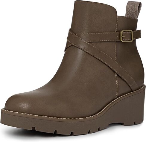 Athlefit Wedge's Wedge Ankle Boots Platform Lug Sole Buckle Boundies مع سحاب جانبي in Saudi Arabia