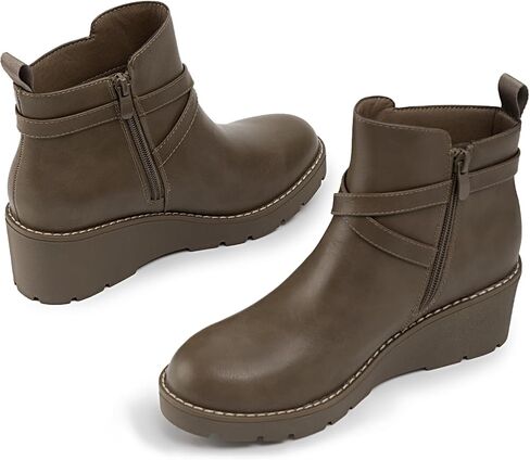 Athlefit Wedge's Wedge Ankle Boots Platform Lug Sole Buckle Boundies مع سحاب جانبي in Saudi Arabia