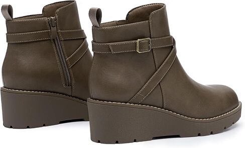 Athlefit Wedge's Wedge Ankle Boots Platform Lug Sole Buckle Boundies مع سحاب جانبي in Saudi Arabia