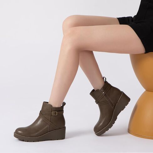 Athlefit Wedge's Wedge Ankle Boots Platform Lug Sole Buckle Boundies مع سحاب جانبي in Saudi Arabia
