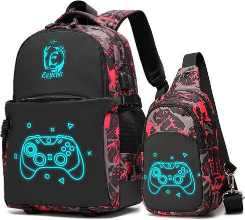 Skateboard Anime Luminous School Backpack with USB Charging Port, Anti Theft Lock, Sling Bag & Pencil Case for Teen Boys and Girls, Lightweight Laptop Backpack College Bookbag, Black in Saudi Arabia