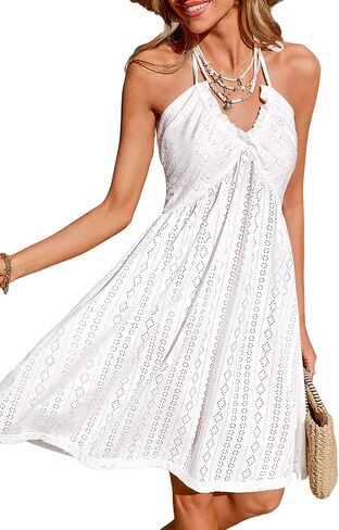Cupshe Swimsuit Coverup for Women Summer Dresses Heyelet Beach Cover Ups Halter Mini Dress in Kuwait