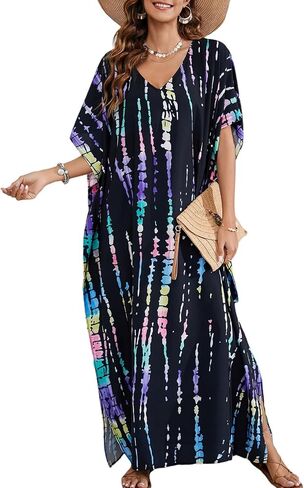 Kaftan Dresses for Women Plus Size Beach Boho Maxi Dress Swimsuit Cover up Batwing Sleeve Print Loungewear in Saudi Arabia