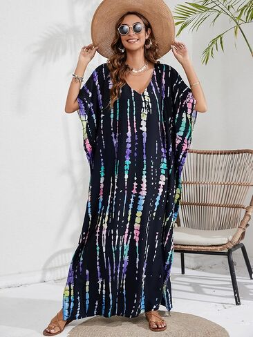 Kaftan Dresses for Women Plus Size Beach Boho Maxi Dress Swimsuit Cover up Batwing Sleeve Print Loungewear in Saudi Arabia