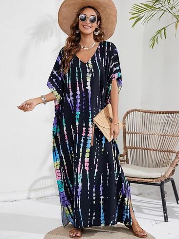 Kaftan Dresses for Women Plus Size Beach Boho Maxi Dress Swimsuit Cover up Batwing Sleeve Print Loungewear in Saudi Arabia
