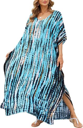 Kaftan Dresses for Women Plus Size Beach Boho Maxi Dress Swimsuit Cover up Batwing Sleeve Print Loungewear in Saudi Arabia