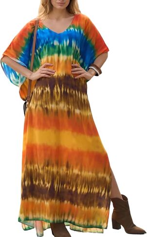 Kaftan Dresses for Women Plus Size Beach Boho Maxi Dress Swimsuit Cover up Batwing Sleeve Print Loungewear in Saudi Arabia