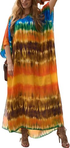 Kaftan Dresses for Women Plus Size Beach Boho Maxi Dress Swimsuit Cover up Batwing Sleeve Print Loungewear in Saudi Arabia