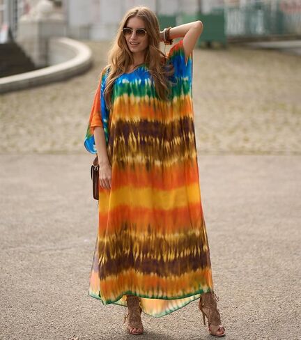 Kaftan Dresses for Women Plus Size Beach Boho Maxi Dress Swimsuit Cover up Batwing Sleeve Print Loungewear in Saudi Arabia