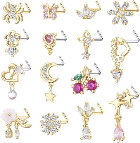 TAMHOO 15PCS أنف حلقات أنف - L تصميمات الشكل مع الفولاذ المقاوم للصدأ الجراحي - الأزرار الذهب/الفضة للنساء in Kuwait