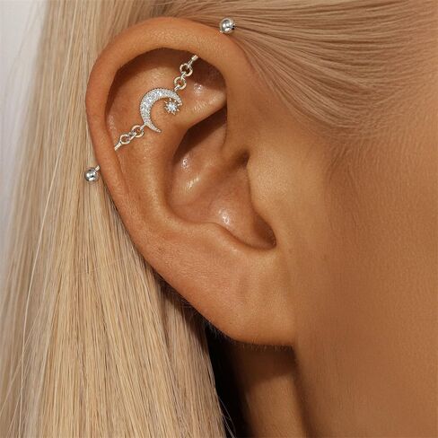 18G S925 Sterling Silver Chain Industrial Piercing Jewelry 18K Gold Plated CZ Moon Cartilage Industrial Barbell Earrings for Women in Saudi Arabia