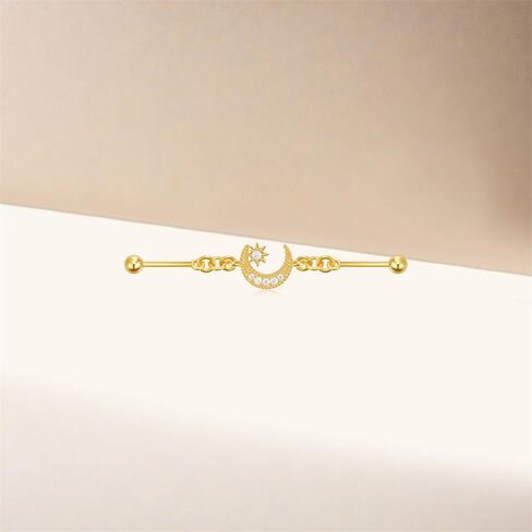 18G S925 Sterling Silver Chain Industrial Piercing Jewelry 18K Gold Plated CZ Moon Cartilage Industrial Barbell Earrings for Women in Saudi Arabia