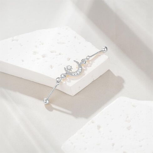 18G S925 Sterling Silver Chain Industrial Piercing Jewelry 18K Gold Plated CZ Moon Cartilage Industrial Barbell Earrings for Women in Saudi Arabia
