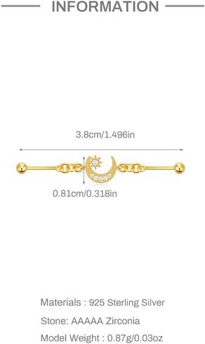 18G S925 Sterling Silver Chain Industrial Piercing Jewelry 18K Gold Plated CZ Moon Cartilage Industrial Barbell Earrings for Women in Saudi Arabia