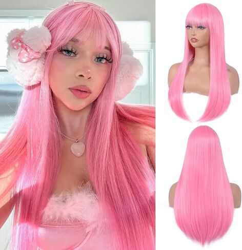 Pink Wigs for Women Long Straight Pink Wig with Bangs Heat Resistant Synthetic Wig for Girls Daily Use Party Halloween Cosplay 24inch in Saudi Arabia