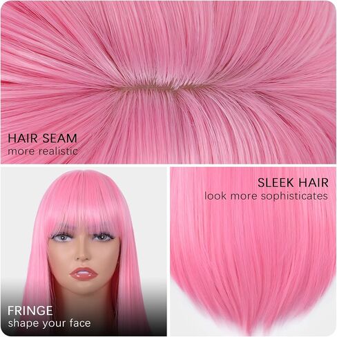 Pink Wigs for Women Long Straight Pink Wig with Bangs Heat Resistant Synthetic Wig for Girls Daily Use Party Halloween Cosplay 24inch in Saudi Arabia