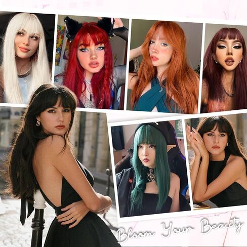Pink Wigs for Women Long Straight Pink Wig with Bangs Heat Resistant Synthetic Wig for Girls Daily Use Party Halloween Cosplay 24inch in Saudi Arabia