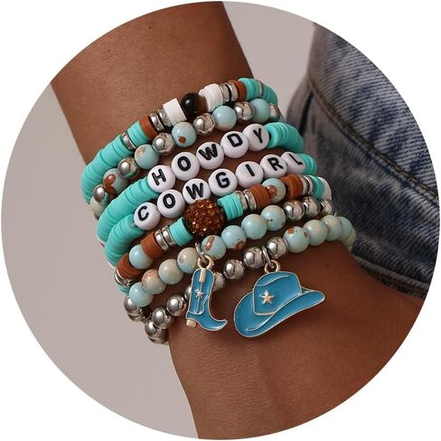 7 PCS Cowgirl Beaded Beaded Stretch Procelets ، Cowgirl Hat Boots Boots Western for Women ، Harm Boho Cowgirl Jewelry Gifts لعيد الميلاد حفلة عيد ميلاد in Kuwait