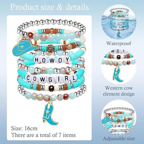 7 PCS Cowgirl Beaded Beaded Stretch Procelets ، Cowgirl Hat Boots Boots Western for Women ، Harm Boho Cowgirl Jewelry Gifts لعيد الميلاد حفلة عيد ميلاد in Kuwait