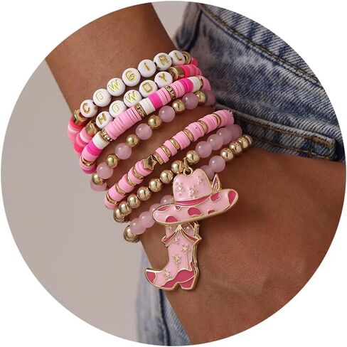 7 PCS Cowgirl Beaded Beaded Stretch Procelets ، Cowgirl Hat Boots Boots Western for Women ، Harm Boho Cowgirl Jewelry Gifts لعيد الميلاد حفلة عيد ميلاد in Kuwait