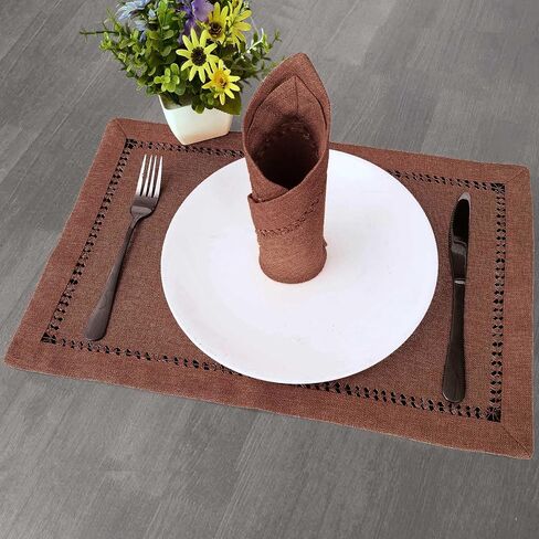 مفرش طاولة Grelucgo Solid Farmhouse Rustic Hemstitched Coffee Chocolate Brown (14 × 72 بوصة) in Kuwait