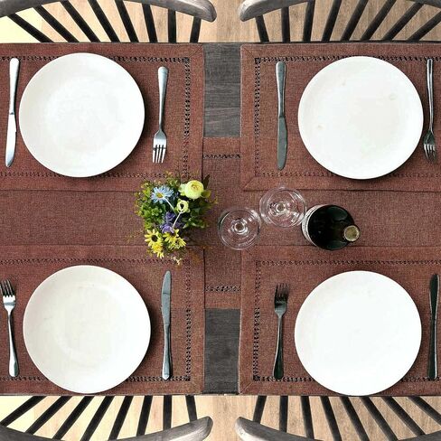 مفرش طاولة Grelucgo Solid Farmhouse Rustic Hemstitched Coffee Chocolate Brown (14 × 72 بوصة) in Kuwait