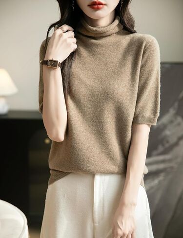 Women's Turtleneck 100% Merino Wool Spring Fall Winter First-Line Ready to Wear Seamless Knit Short Sleeve Sweater in Saudi Arabia