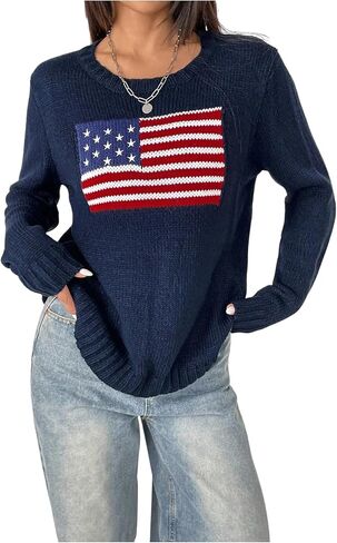 GORGLITTER Women's American Flag Sweater Long Sleeve Round Neck Pullovers in Saudi Arabia