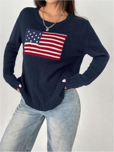 GORGLITTER Women's American Flag Sweater Long Sleeve Round Neck Pullovers in Saudi Arabia