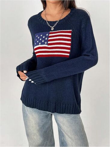 GORGLITTER Women's American Flag Sweater Long Sleeve Round Neck Pullovers in Saudi Arabia