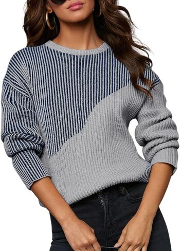 Sidefeel Womens Long Sleeve Crewneck Color Block Pullover Sweaters Casual Striped Loose Knit Tops Trendy Fall Outfits in Saudi Arabia