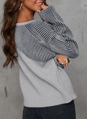 Sidefeel Womens Long Sleeve Crewneck Color Block Pullover Sweaters Casual Striped Loose Knit Tops Trendy Fall Outfits in Saudi Arabia