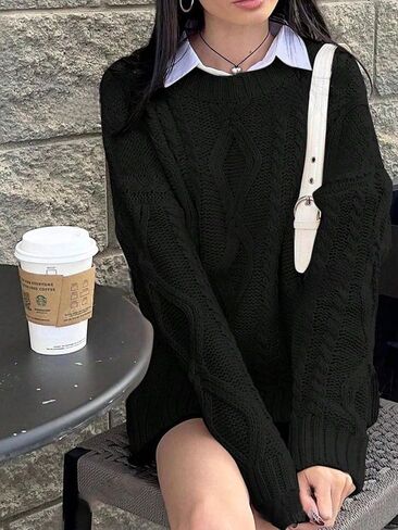 سترات متماسكة من الكابلات zaful للنساء Crewneck غير الرسمي متماسكة سترة سولوفر طويلة الأكمام الطويلة in Saudi Arabia