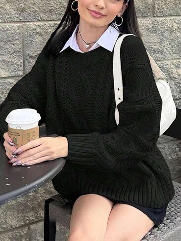 سترات متماسكة من الكابلات zaful للنساء Crewneck غير الرسمي متماسكة سترة سولوفر طويلة الأكمام الطويلة in Saudi Arabia