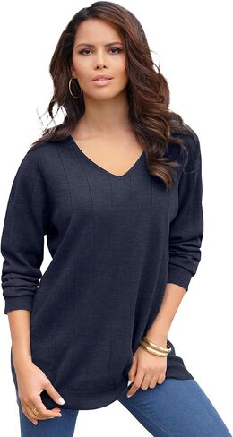 Roaman's Women's Plus Size Plus Size Drop Needle V-Neck Lightweight Sweater Knit in Kuwait
