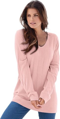 Roaman's Women's Plus Size Plus Size Drop Needle V-Neck Lightweight Sweater Knit in Kuwait