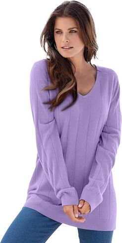 Roaman's Women's Plus Size Plus Size Drop Needle V-Neck Lightweight Sweater Knit in Kuwait