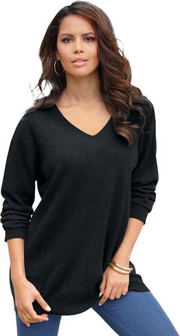 Roaman's Women's Plus Size Plus Size Drop Needle V-Neck Lightweight Sweater Knit in Kuwait