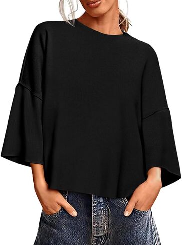 Saodimallsu Womens Oversized Sweaters 3/4 Sleeve Crewneck Pullover Casual Lightweight Loose Fall Knit Tops in Saudi Arabia