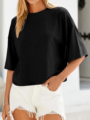 Saodimallsu Womens Oversized Sweaters 3/4 Sleeve Crewneck Pullover Casual Lightweight Loose Fall Knit Tops in Saudi Arabia