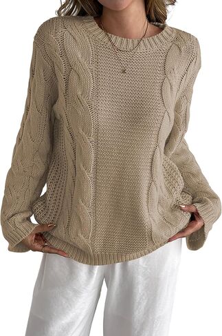 Cakulo Womens Oversized Pullover Sweaters Bell Sleeve Chunky Cable Knit Sweater Crewneck Trendy Knitted Tops 2025 in Kuwait