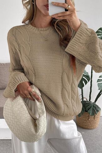 Cakulo Womens Oversized Pullover Sweaters Bell Sleeve Chunky Cable Knit Sweater Crewneck Trendy Knitted Tops 2025 in Kuwait