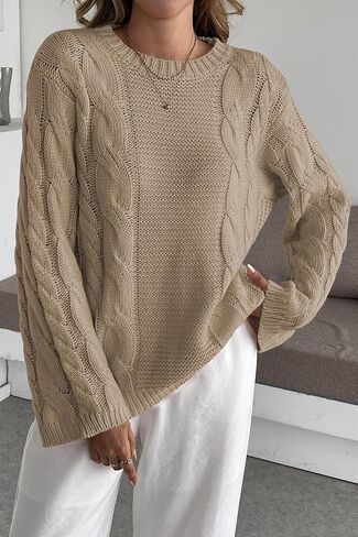 Cakulo Womens Oversized Pullover Sweaters Bell Sleeve Chunky Cable Knit Sweater Crewneck Trendy Knitted Tops 2025 in Kuwait