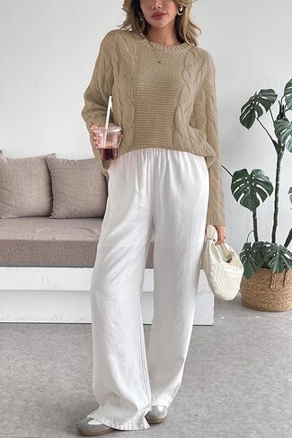 Cakulo Womens Oversized Pullover Sweaters Bell Sleeve Chunky Cable Knit Sweater Crewneck Trendy Knitted Tops 2025 in Kuwait