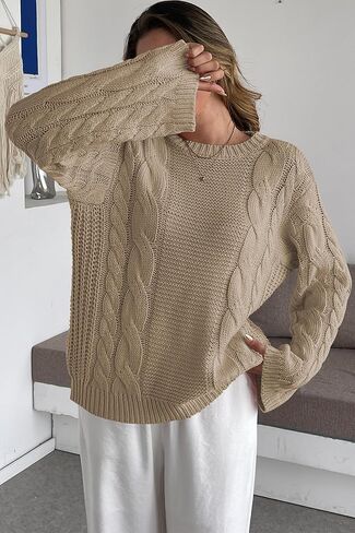 Cakulo Womens Oversized Pullover Sweaters Bell Sleeve Chunky Cable Knit Sweater Crewneck Trendy Knitted Tops 2025 in Kuwait