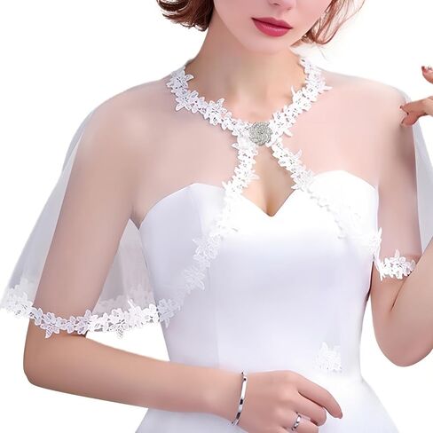 White Lace Shawl Wraps For Women Formal, Bolero Shrugs Shoulder Cover For Evening Dresses Formal, Wedding Bridal Cape Lace Cover Up in Kuwait