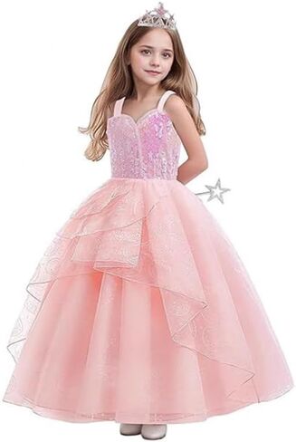 Girls Princess Dress Set with Pink Sequin Layered Tulle Ball Gown Long Gloves Tiara Jewelry for Kids in Kuwait