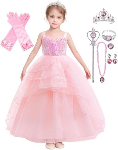Girls Princess Dress Set with Pink Sequin Layered Tulle Ball Gown Long Gloves Tiara Jewelry for Kids in Kuwait